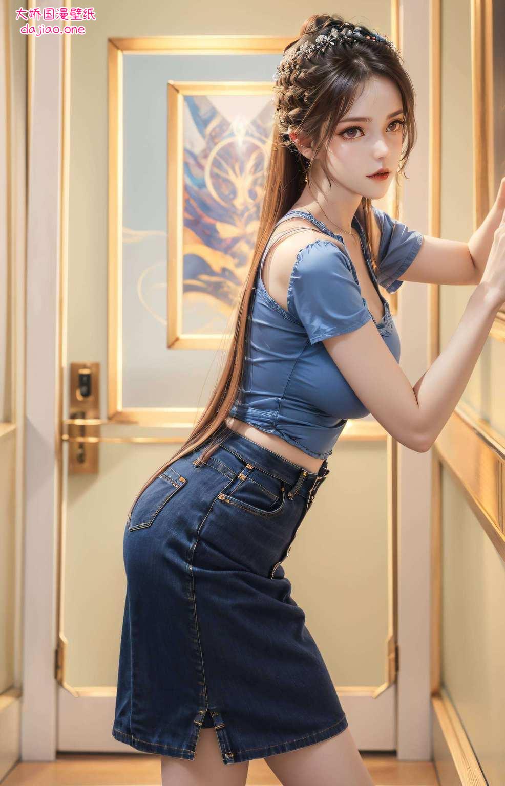 成了护眼手机背景图片的新宠她那飘逸的蓝发在现代服装的映衬下