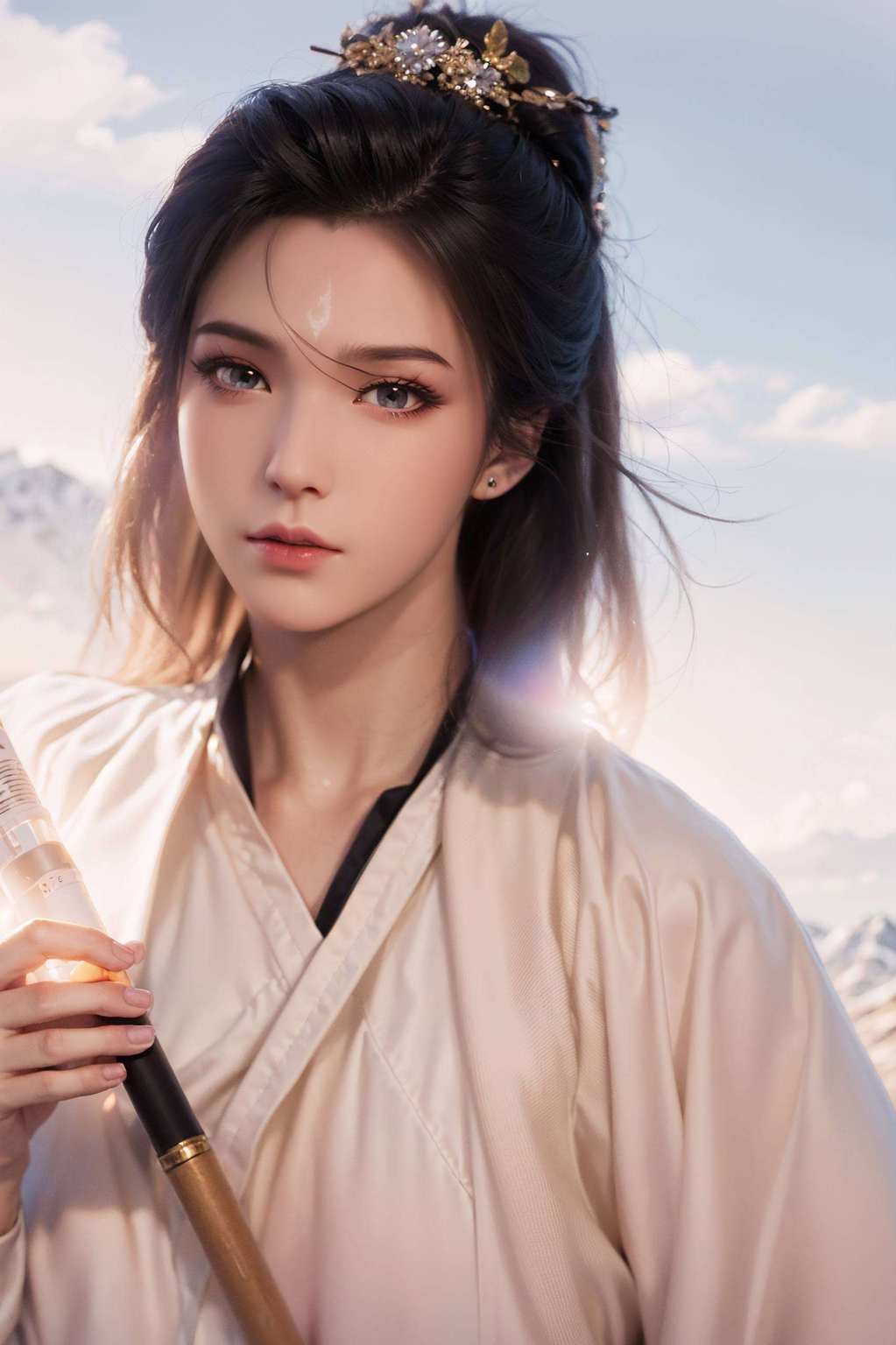 手持绿雪剑而旁边的陆雪琪女神